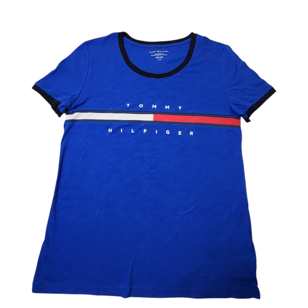 Tommy Hilfiger Women Relaxed Fit T Shirt Flag Ribbon Blue Size Small OEM